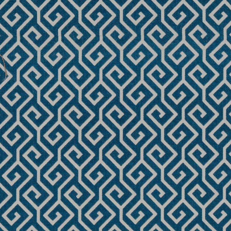 Blue fabric with white Greek key meander motif, repeating geometric pattern.