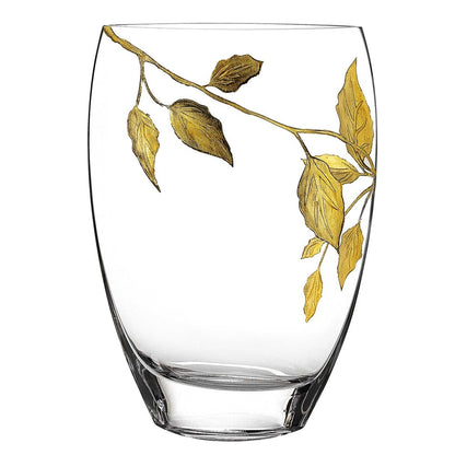 12" Clear And Gold Leaves Oval Crystal Glass Table Vase