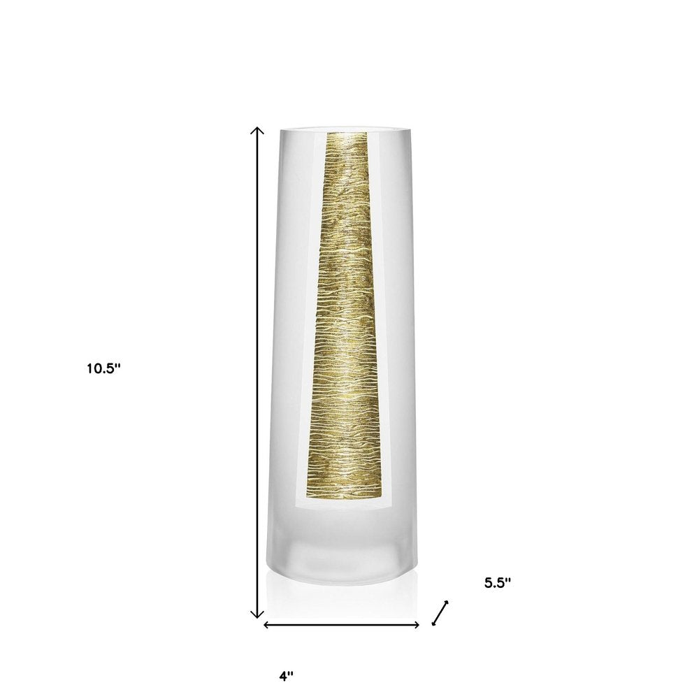 Tall clear glass cylinder vase with a gold textured inner column; 11-inch tall lead-free crystal table vase.