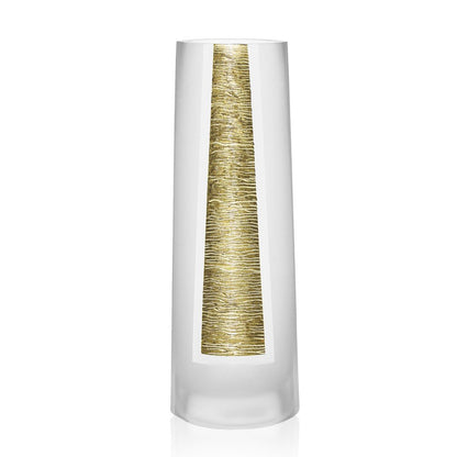 11" tall clear and gold cylinder lead-free crystal table vase with a vertical gold stripe inset, cylindrical silhouette.
