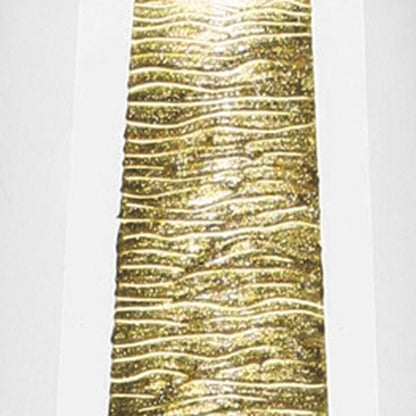 Clear and gold cylinder crystal table vase with a vertical gold glitter strip and wavy ridges.