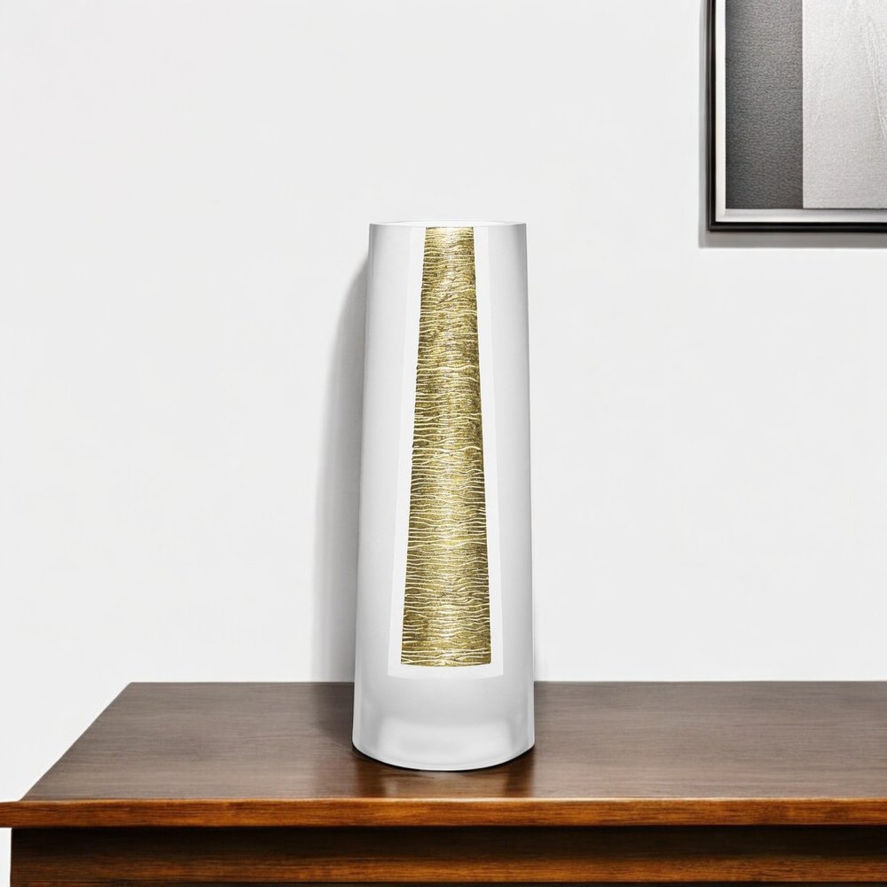 11" tall clear and gold cylinder lead-free crystal table vase on a wooden surface.