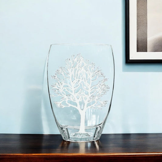 12" Clear And White Tree Of Life Oval Lead Free Crystal Table Vase