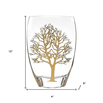 12" Clear And White Tree Of Life Oval Lead Free Crystal Table Vase