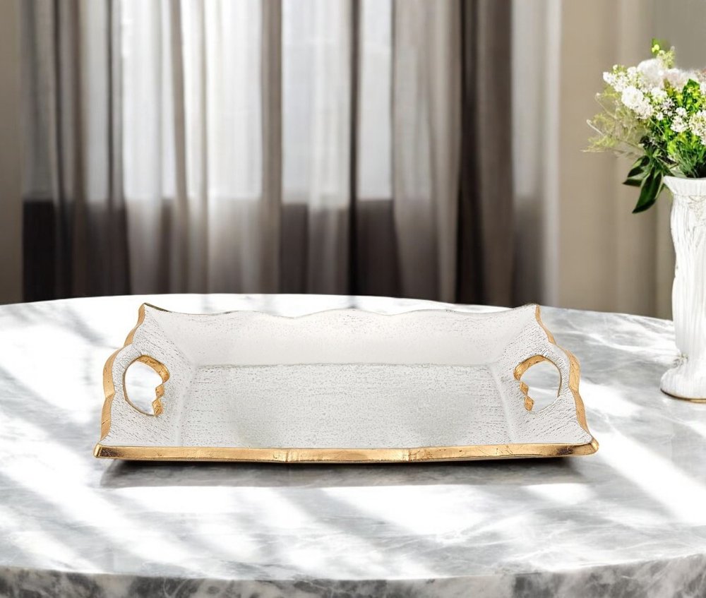 11" Clear And Gold Seeded Glass Serving Tray With Handles