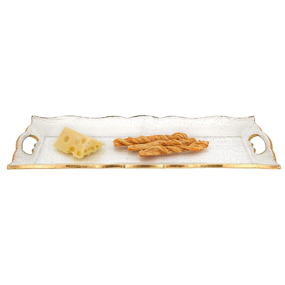 20" Clear And Gold Seeded Glass Serving Tray With Handles
