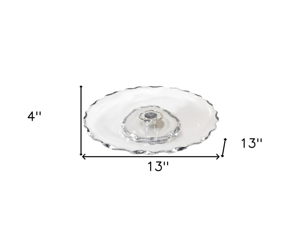 13" Clear And Silver Round Glass Hand Finished Lazy Susan