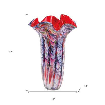 17" Blue Red And White Abstract Wavy Murano Glass Table Vase