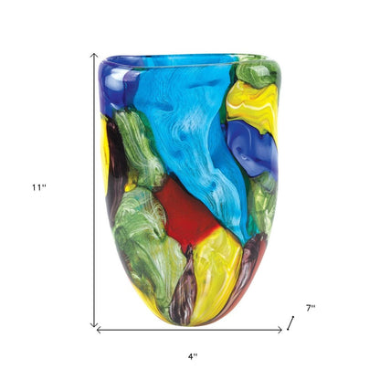 11" Blue Green Red And Yellow Cylinder Murano Glass Table Vase
