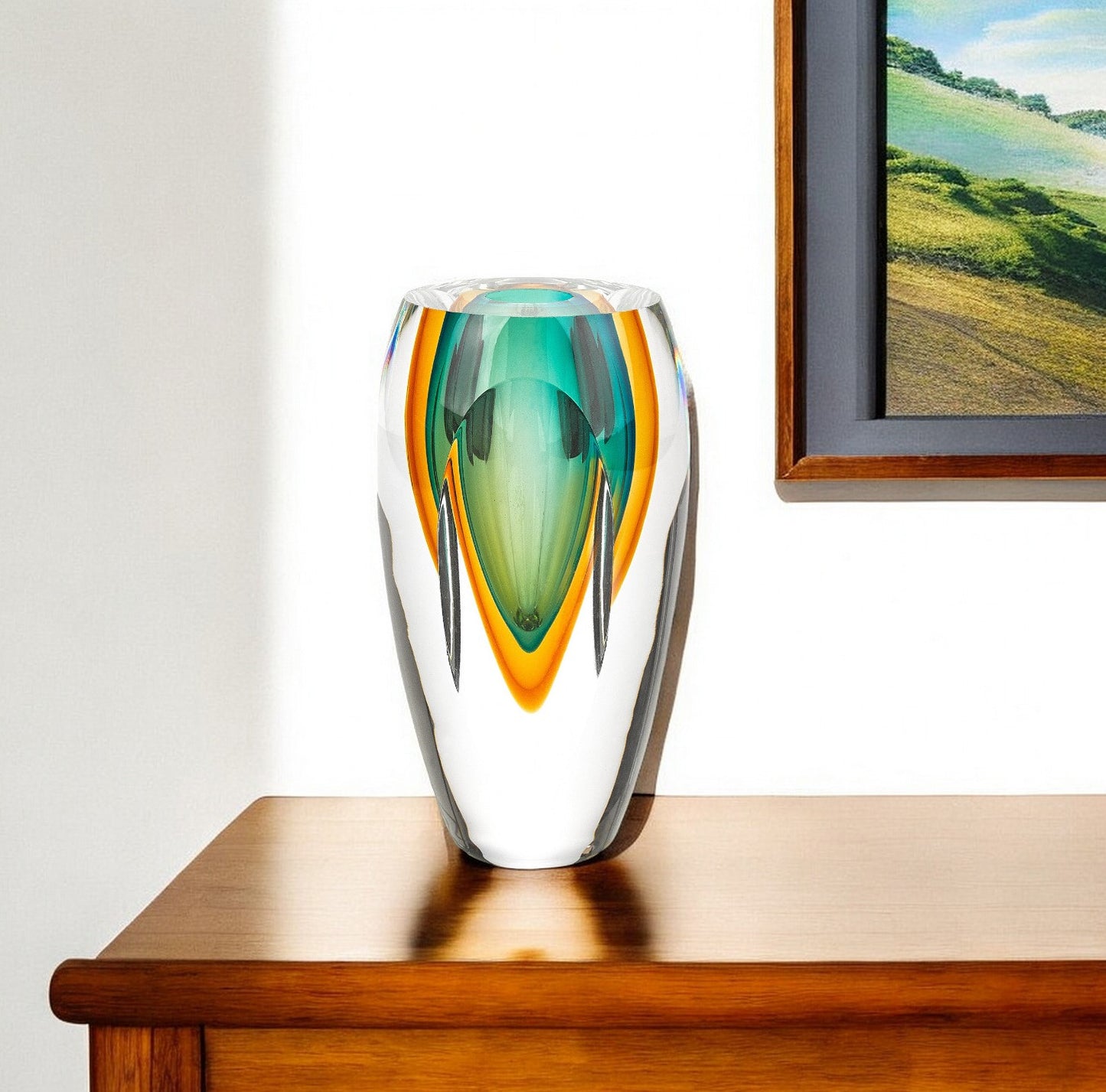 6" Clear Amber and Green Abstract Murano Glass Table Vase