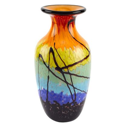 11" Black Blue Red And Yellow Abstract Urn Handblown Glass Table Vase
