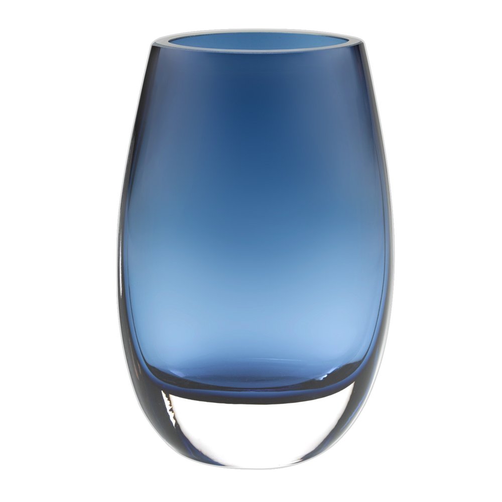 8" tall oval lead-free crystal table vase in midnight blue and clear.