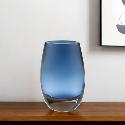 8-inch tall oval lead-free crystal table vase in midnight blue and clear glass