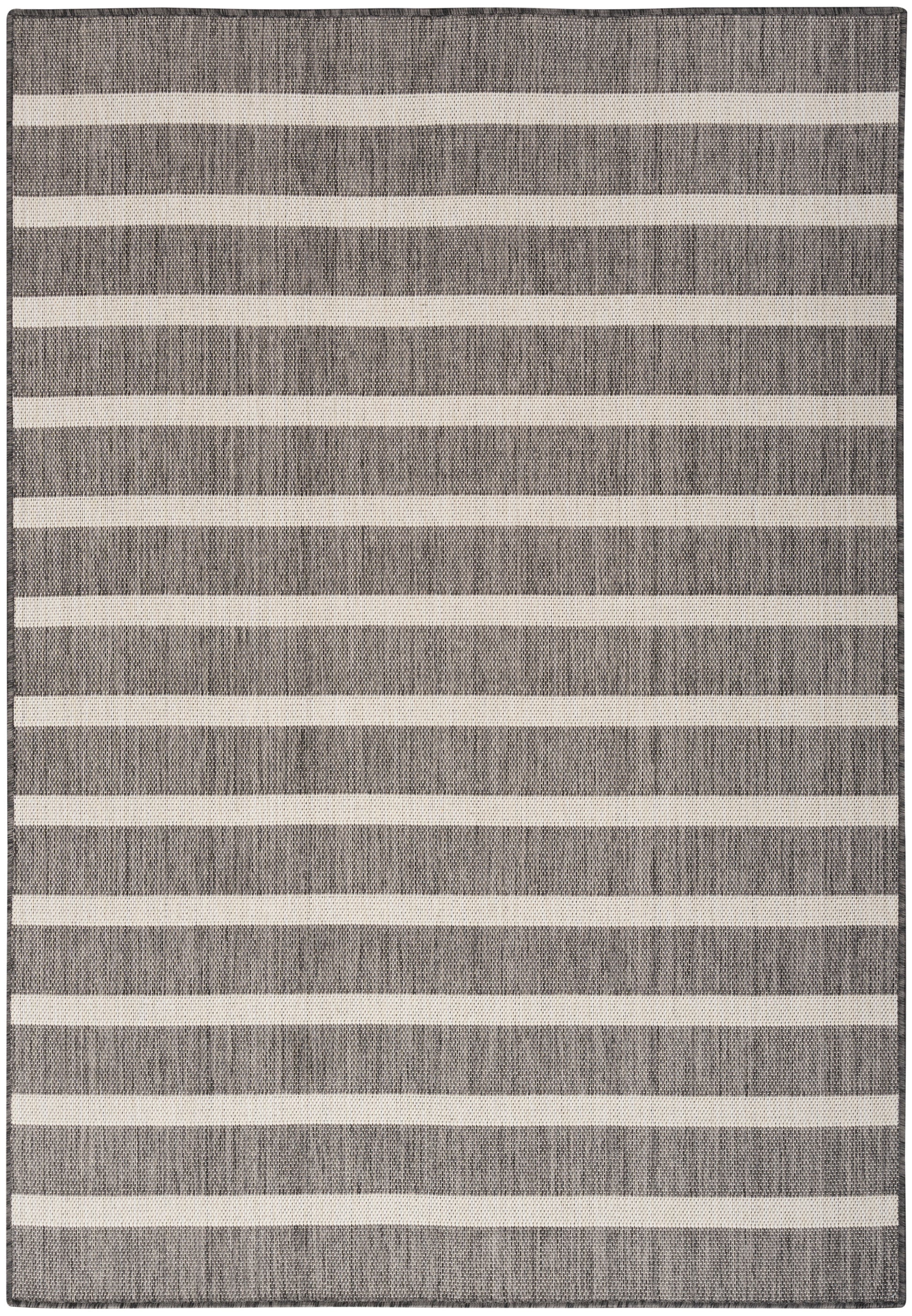 Rectangular gray woven rug with evenly spaced cream horizontal stripes and a textured surface.