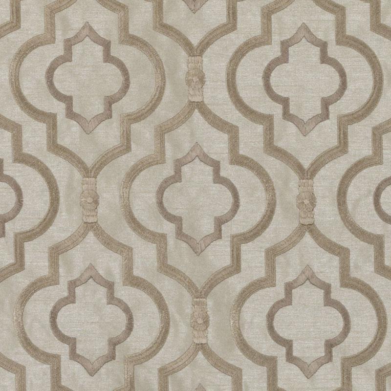 Beige and taupe Moroccan trellis pattern with quatrefoil shapes on drapery fabric.