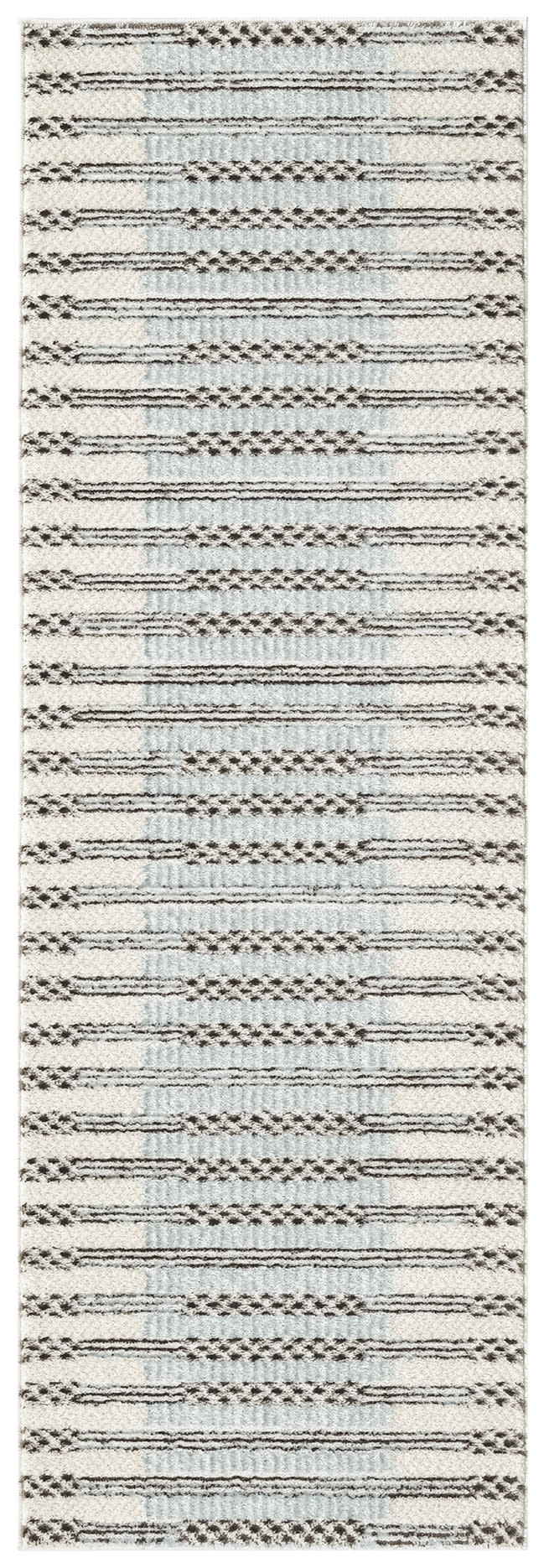 Long rectangular ivory/cream rug with brown geometric stripes and subtle pale blue bands; modern boho textile.