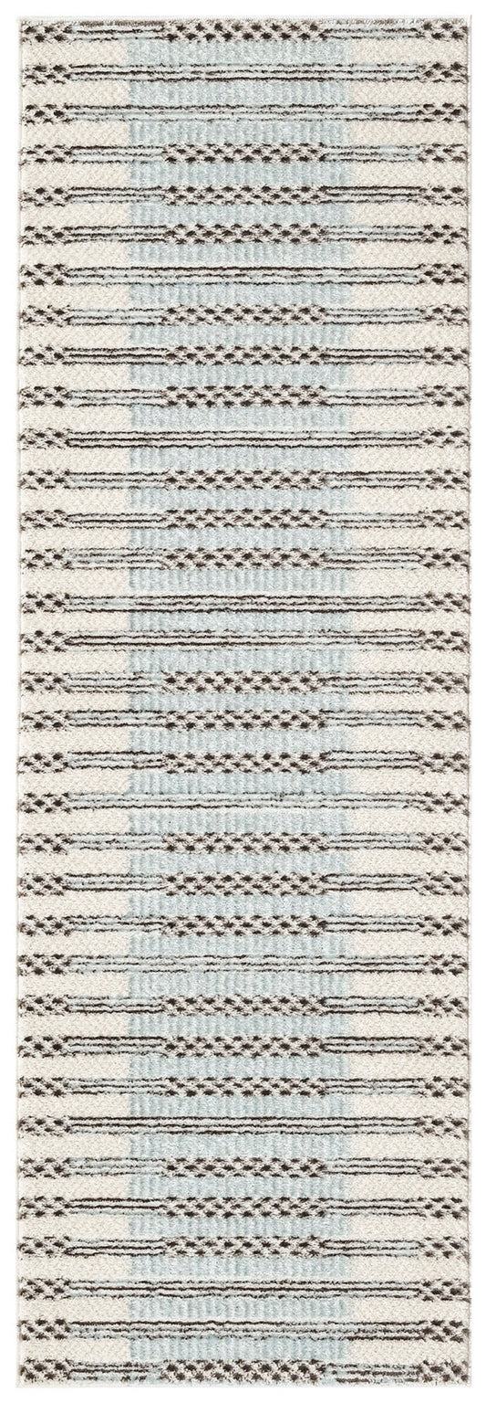 Long rectangular ivory/cream rug with brown geometric stripes and subtle pale blue bands; modern boho textile.
