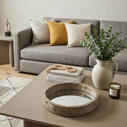 20" Light Brown Round Wood Indoor Outdoor Serving Tray With Handles