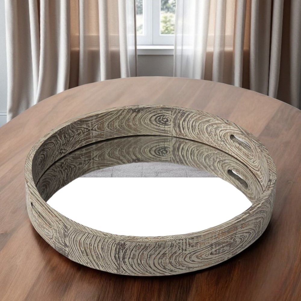 28" Natural and Brown Round Wood Indoor Outdoor Tray With Handles