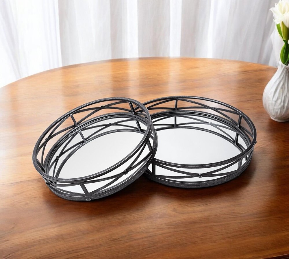 Set of Two Black Round Metal And Mirrored Glass Vanity Trays