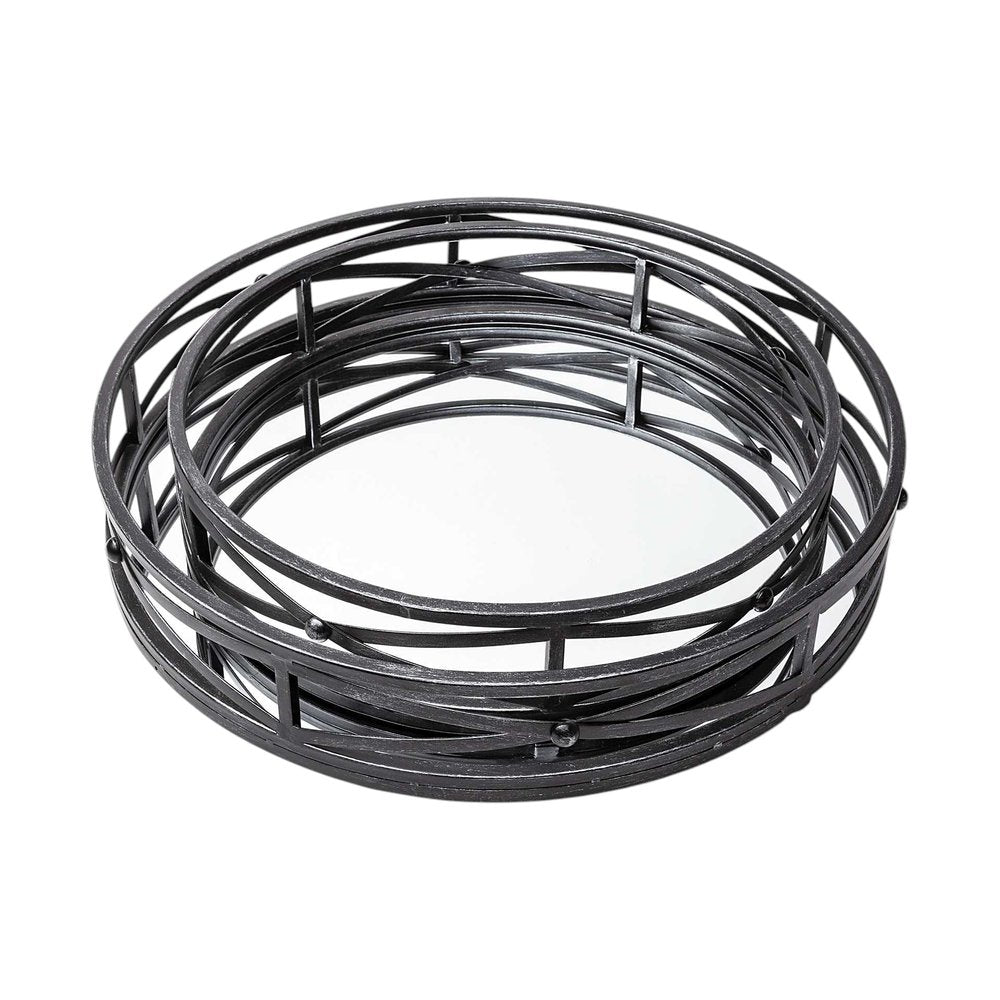 Set of Two Black Round Metal And Mirrored Glass Vanity Trays