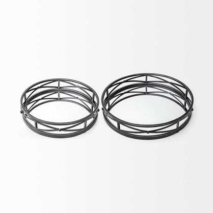 Set of Two Black Round Metal And Mirrored Glass Vanity Trays