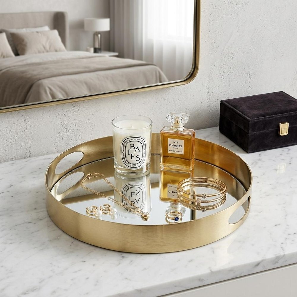 15" Gold And Mirrored Glass Round Metal Tray With Handles