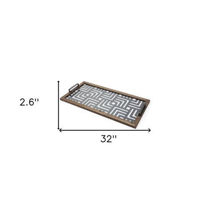 32" Brown and Black Glass Metal And Wood Geometric Serving Tray With Handles