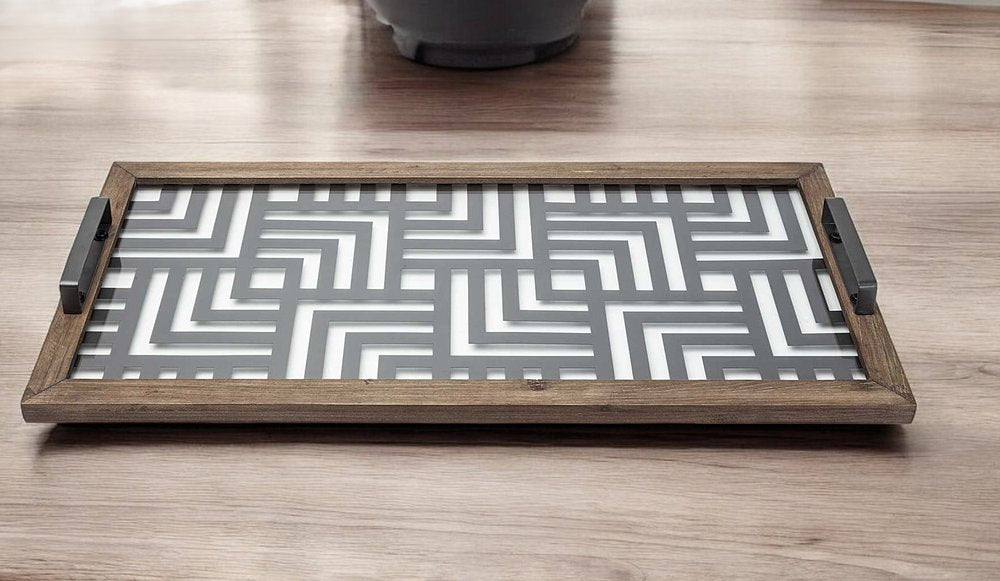 32" Brown and Black Glass Metal And Wood Geometric Serving Tray With Handles