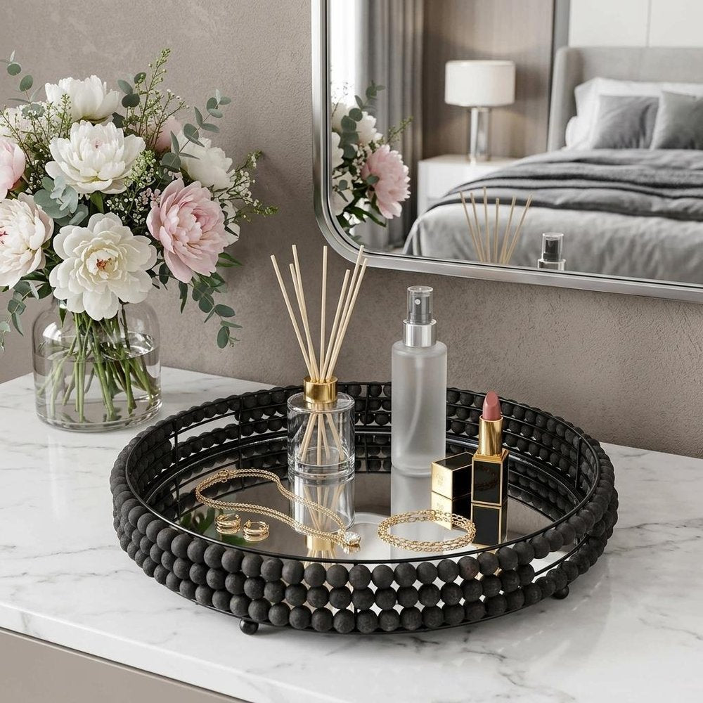 21" Matte Black Wood With Bead Mirrored Glass Bottom Round Tray