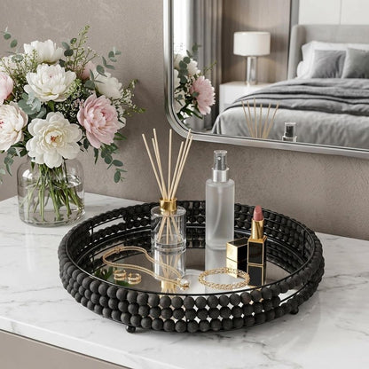 21" Matte Black Wood With Bead Mirrored Glass Bottom Round Tray