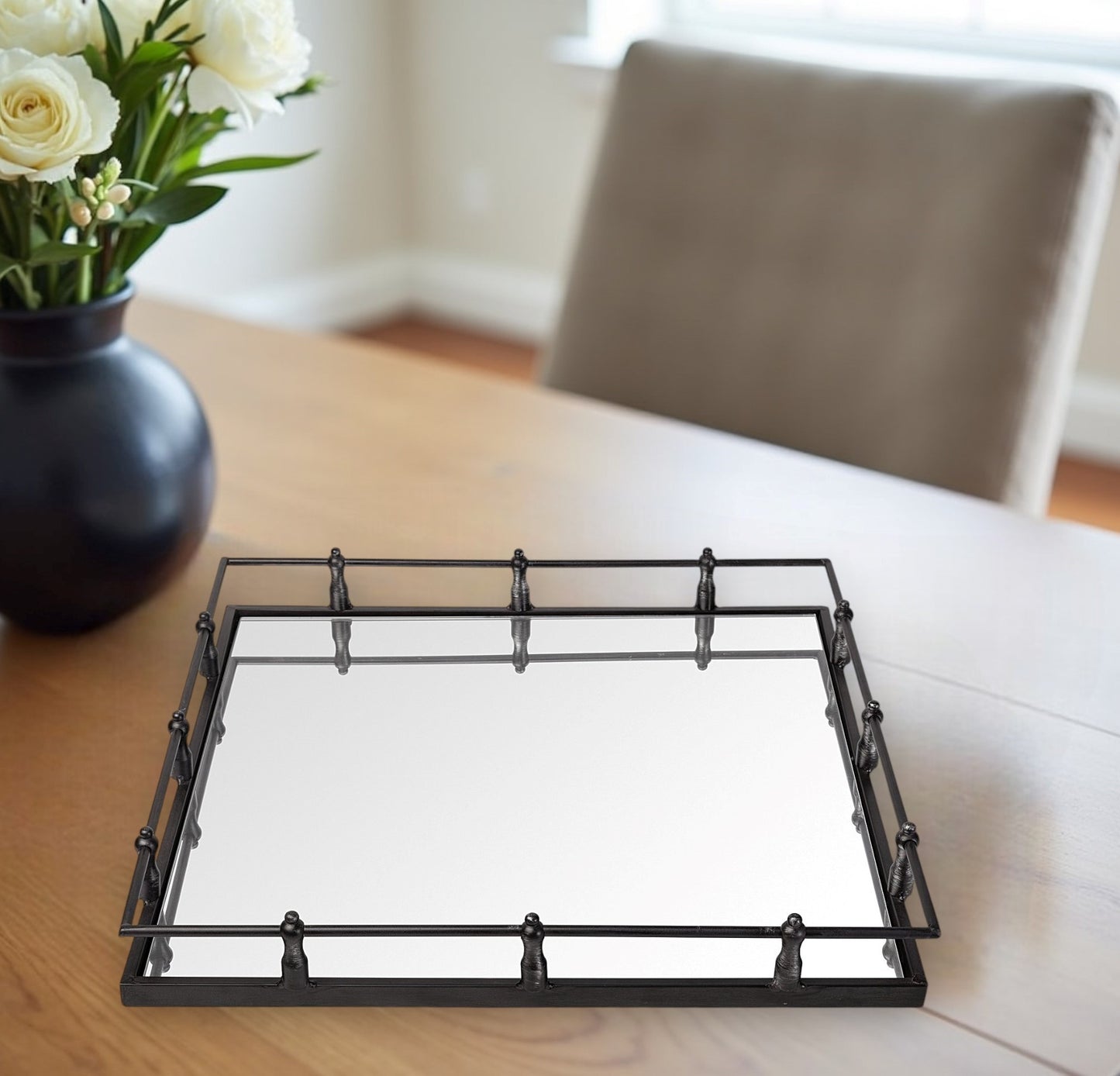 Natural Finish Metal With Mirrored Glass Bottom And Railing Handle Tray