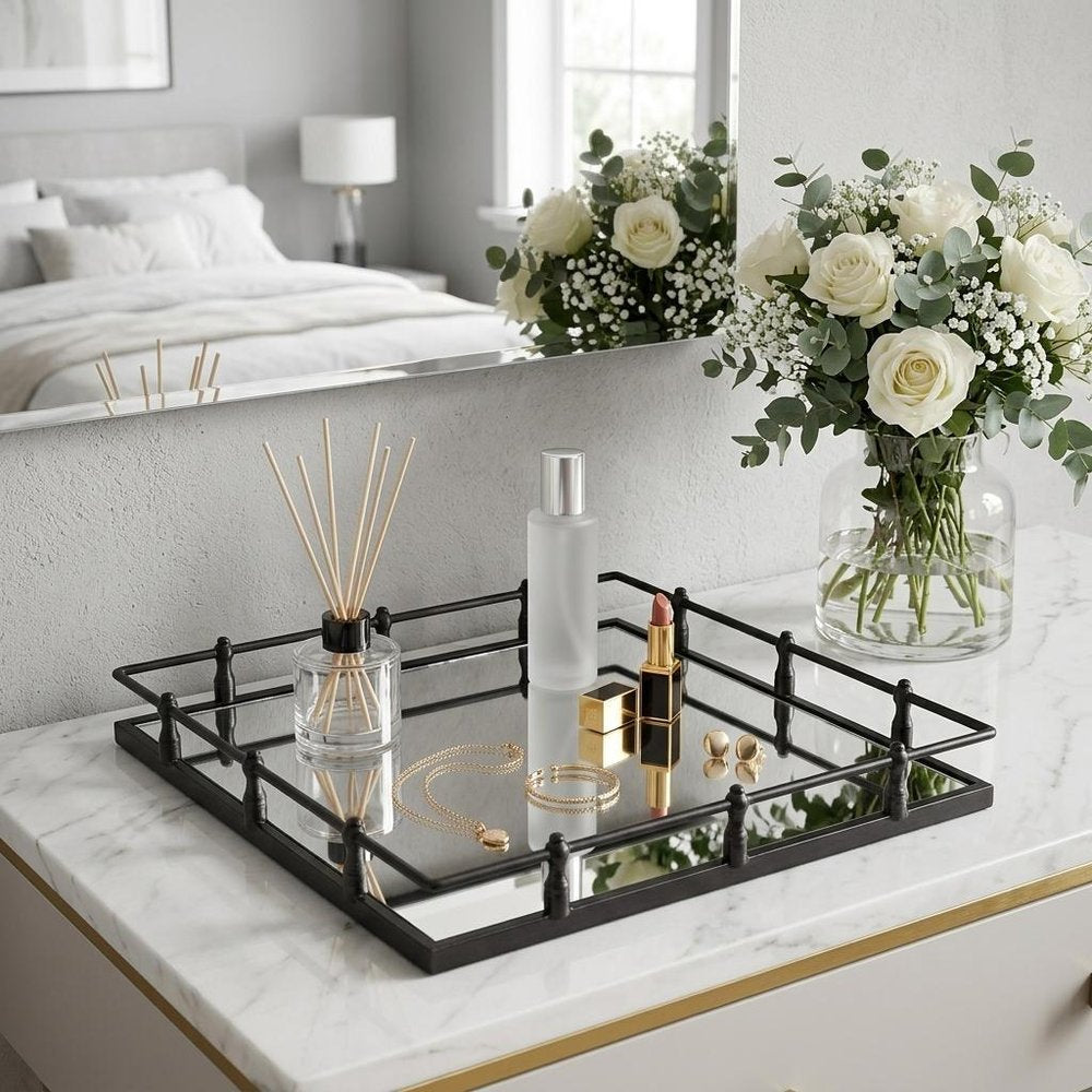 Natural Finish Metal With Mirrored Glass Bottom And Railing Handle Tray