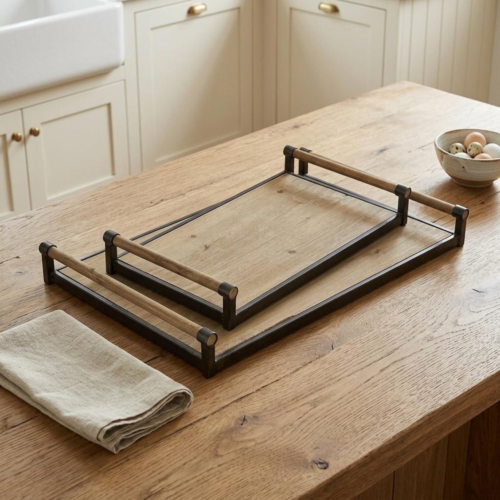 Set of Two Brown Wood Indoor Outdoor Serving Tray With Handles