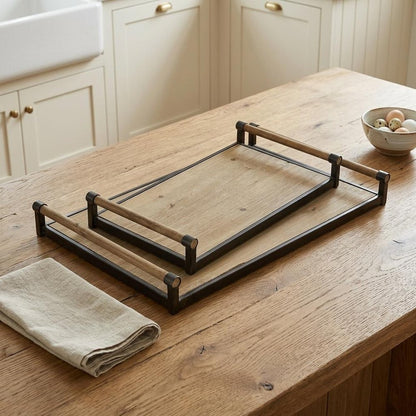 Set of Two Brown Wood Indoor Outdoor Serving Tray With Handles