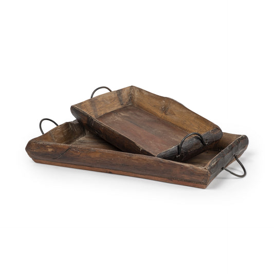 Set Of 2 Medium Brown Recycled Wood With Flaunt Metal Handles Trays