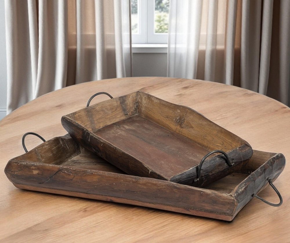Set of Two Brown Rectangular Wood Indoor Outdoor Serving Tray With Handles