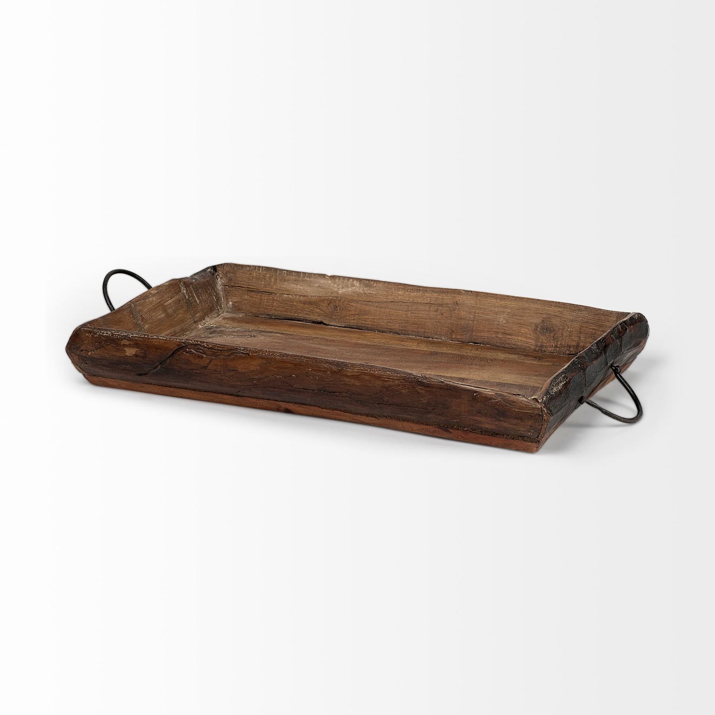 Set of Two Brown Rectangular Wood Indoor Outdoor Serving Tray With Handles