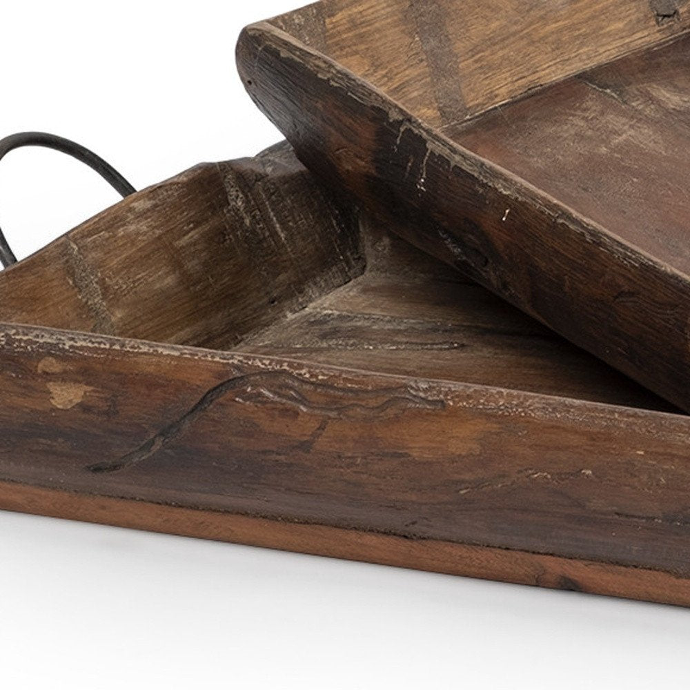 Set of Two Brown Rectangular Wood Indoor Outdoor Serving Tray With Handles