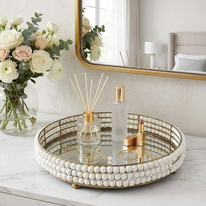 22" Antiqued Gold And White Metal Wood And Mirrored Glass Round Vanity Tray