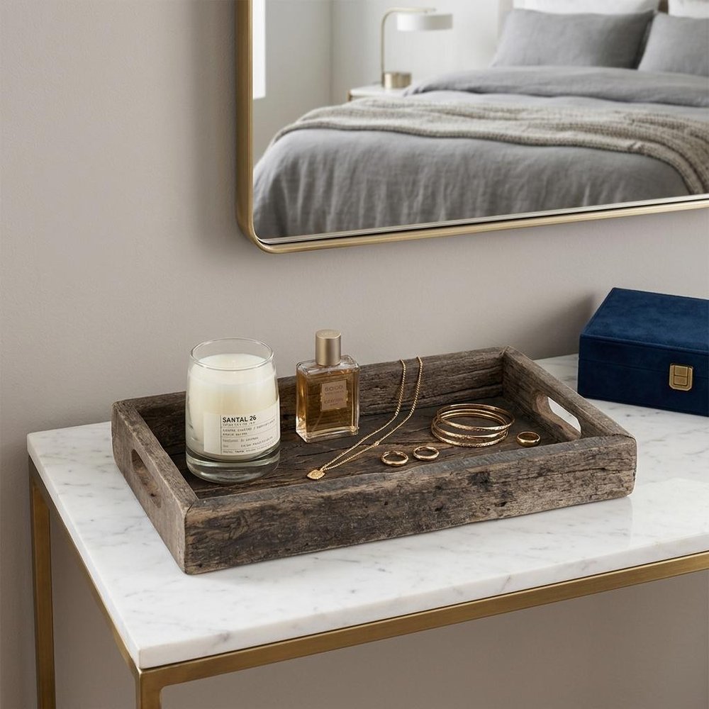 24" Brown Wood Indoor Outdoor Tray With Handles