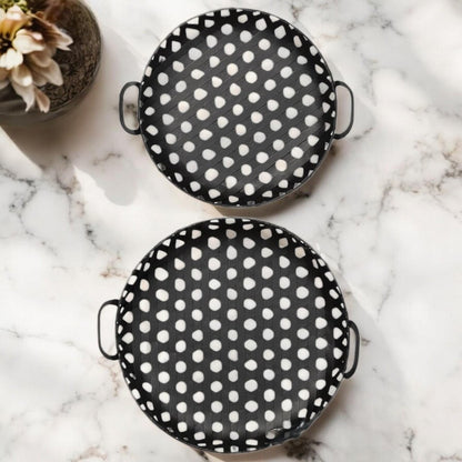 Set of Two Black Round Metal Indoor Outdoor Tray With Handles