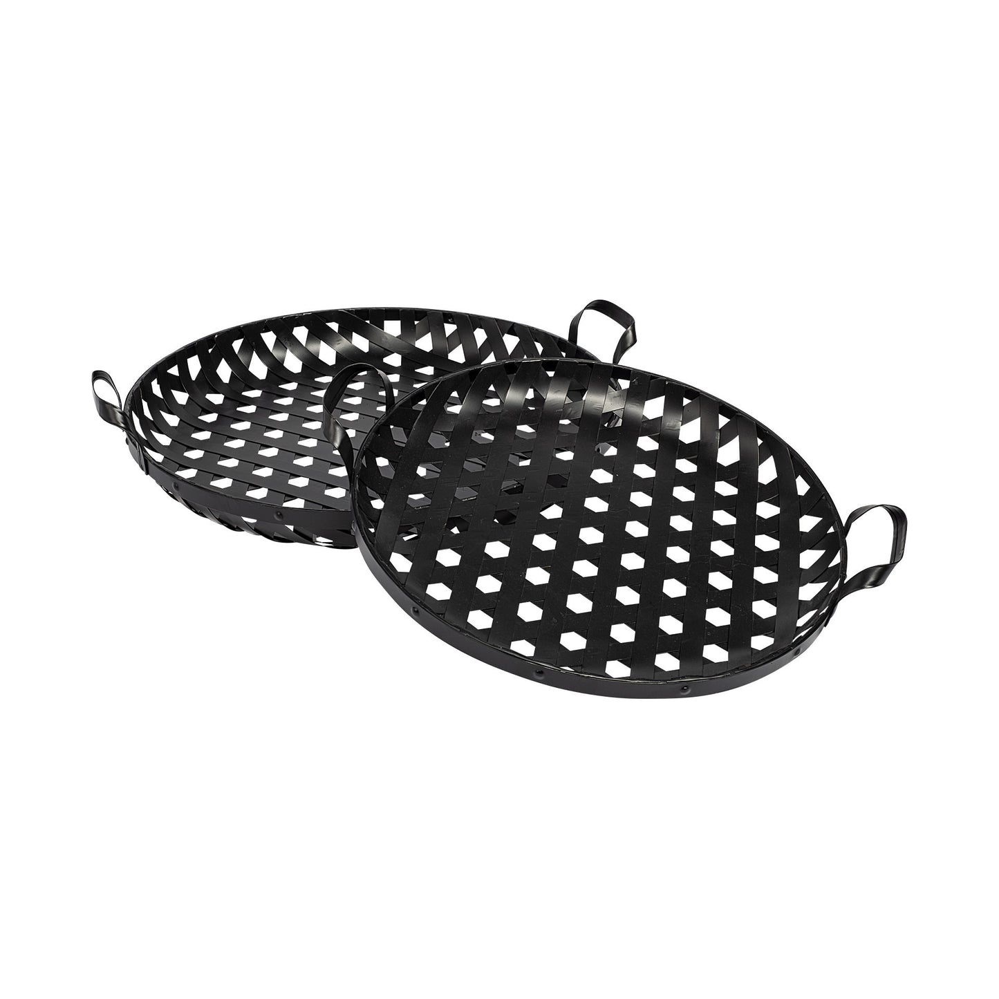 Set of Two Black Round Metal Indoor Outdoor Tray With Handles