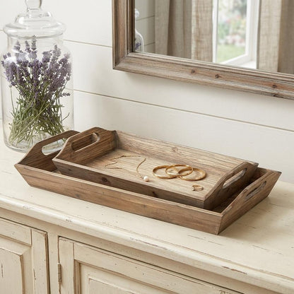 Set Of 2 Natural Brown Wood With Grains And Knots Highlight Trays