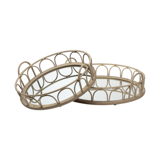 Set Of 2 20" Natural Blonde Wood With Intricately Railings And Mirrored Glass Bottom Round Tray