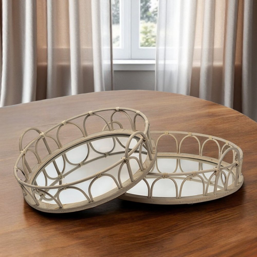 Set of Two Brown Round Wood Indoor Outdoor Vanity Tray With Handles