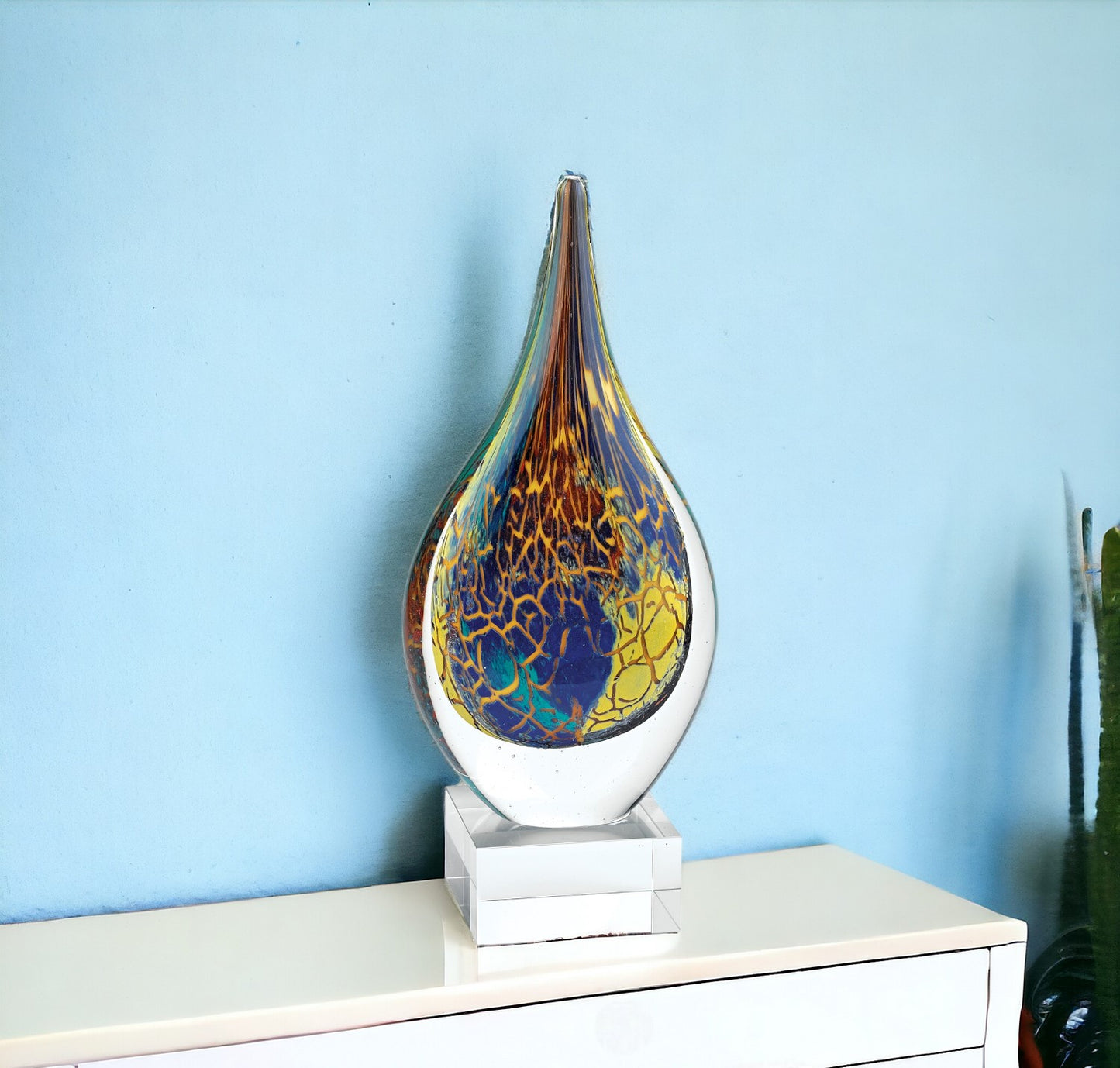 12" Blue and Yellow Murano Glass Modern Abstract Tabletop Sculpture