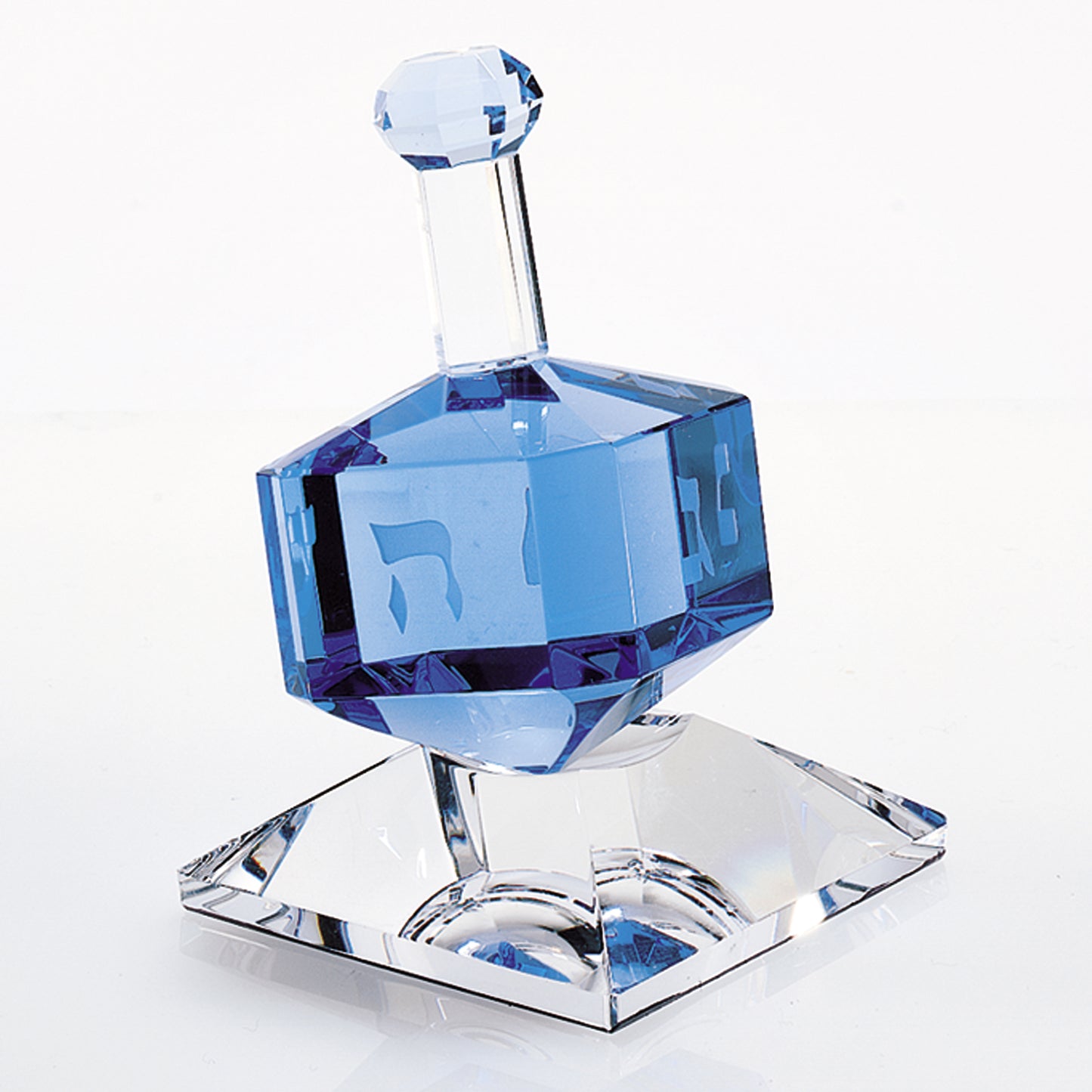 3 Mouth Blown Blue Dreidel On Crystal Stand