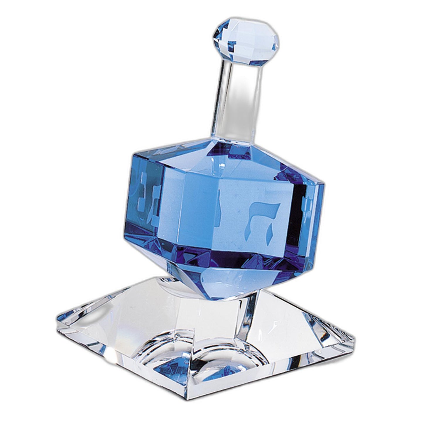 3 Mouth Blown Blue Dreidel On Crystal Stand