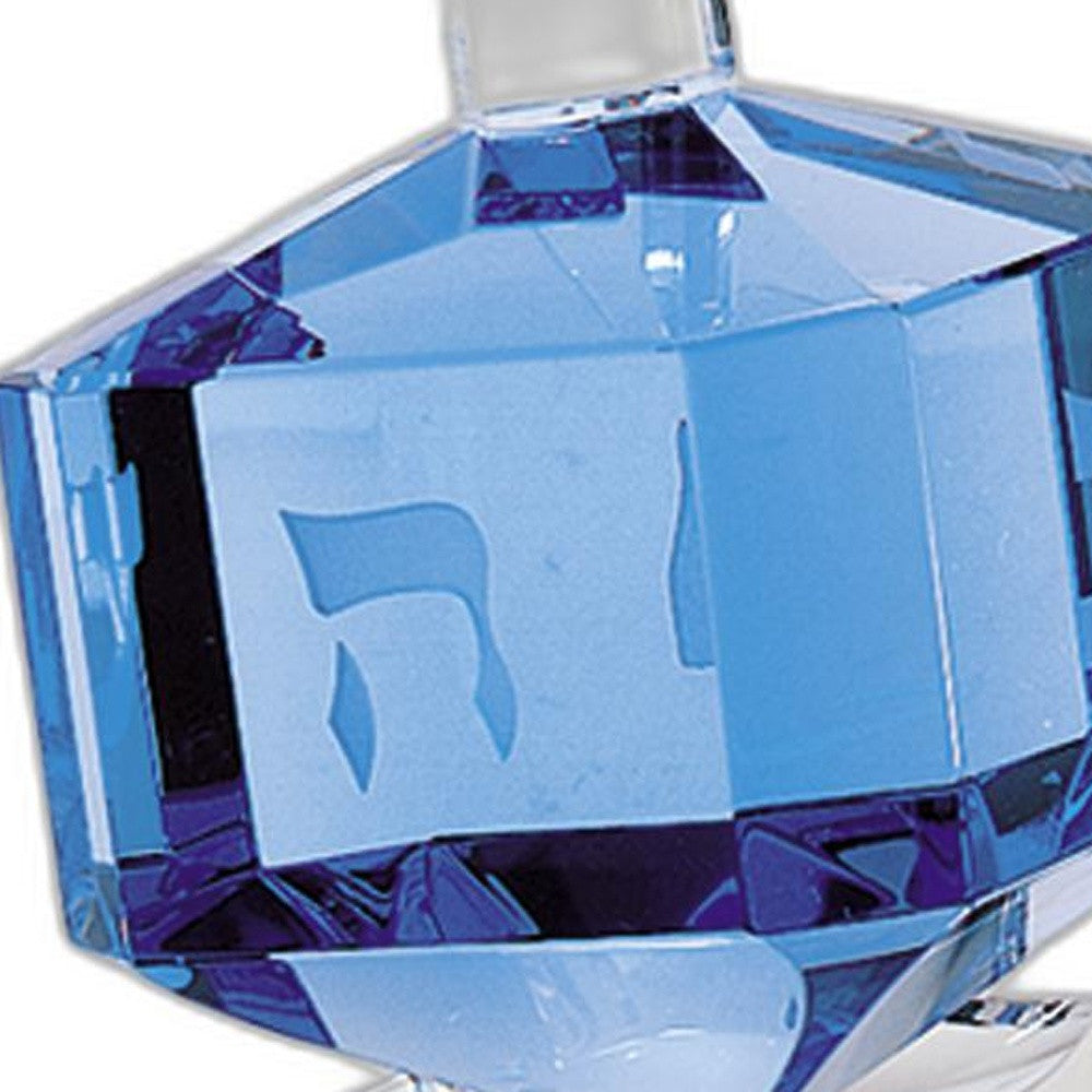 3 Mouth Blown Blue Dreidel On Crystal Stand